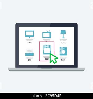 Concetto di shopping online. Icona vettore piatto. Computer portatile moderno con pagina del negozio online sullo schermo Illustrazione Vettoriale