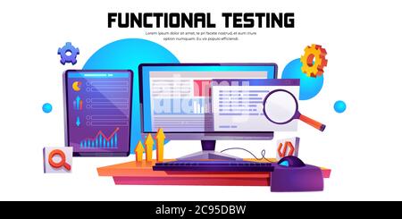 Banner di test funzionale. Metodologia di programmazione, errori di ricerca e bug nel software, controllo di qualità del programma o app. Illustrazione del cartone animato vettoriale del test di funzionamento con schermo del calcolatore Illustrazione Vettoriale