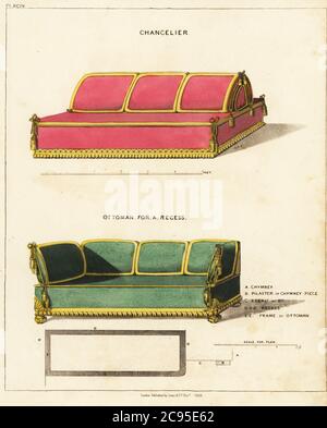 Divano letto con angolo cottura quadrato e divano ottomano per un recesso. Grandi divani rivestiti in velluto rifiniti con bordature e nappine d'oro. Incisione a mano su copperplate da The Cabinet-Maker and Upholsterer’s Guide di George Smith, Jones and Co., Londra, 1828. George Smith era un sostenitore e disegnatore di mobili di sua Maestà (il Principe del Galles, poi Re Giorgio IV), circa 1786-1826. Foto Stock