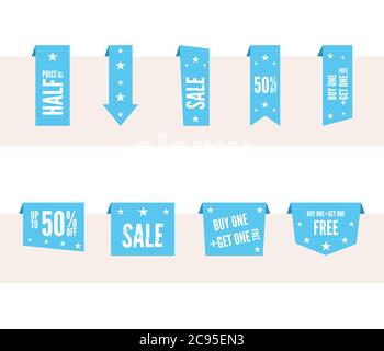 Set di etichette vocali in carta blu per la vendita e la pubblicità. Elementi di progettazione vettoriali piatti Illustrazione Vettoriale