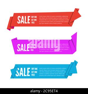 Set di tre nastri di carta Origami in vendita. Banner vettoriale piatto per la pubblicità con spazio per il testo Illustrazione Vettoriale