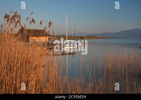 Geografia / viaggio, Germania, Baviera, Seeon-Seebruck, casa barca e le barche sul Chiemsee, diritti aggiuntivi-clearance-Info-non-disponibile Foto Stock