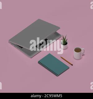 Concetto isometrico di laptop, notebook a spirale, matita, caffè e piante decorative. Ideale per il blogging o l'ufficio domestico. Illustrazione con rendering 3D Foto Stock