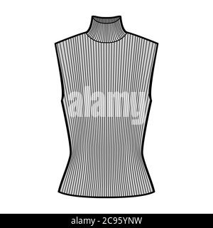 Maglia a costolette turleneck illustrazione tecnica di moda con corpo montato, ponticello senza maniche. Mascherina anteriore dell'abbigliamento della camicia piatta, colore grigio. Donne, uomini unisex top CAD mockup Illustrazione Vettoriale