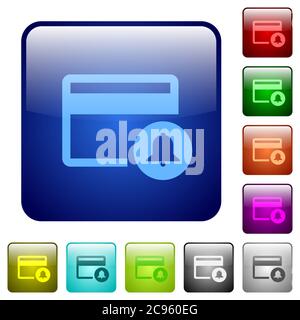 Icone di notifica delle transazioni con carta di credito in set di pulsanti arrotondati di colore quadrato lucido Illustrazione Vettoriale