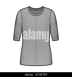 Maglia a coste con collo a maglia illustrazione tecnica di moda con maniche a gomito, corpo oversize, lunghezza tunica. Modello di abbigliamento da outwear piatto, colore grigio. Mockup maglia unisex donna, uomo Illustrazione Vettoriale