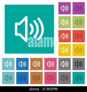 Volume icone piatte multicolore su sfondi quadrati semplici. Incluse variazioni delle icone bianche e più scure per il passaggio del mouse o gli effetti attivi. Illustrazione Vettoriale