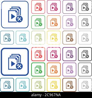 Gli strumenti playlist colorano le icone piatte in cornici quadrate arrotondate. Versioni sottili e spesse incluse. Illustrazione Vettoriale