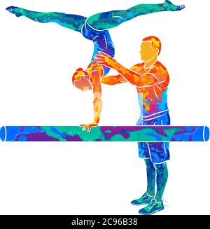 Allenatore astratto allenatore giovane ginnasta per equilibrare il fascio di ginnastica Illustrazione Vettoriale