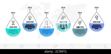 I dati infografici vettoriali si abbassano con 6 passaggi. Modello piano di linea. Utilizzato per diagrammi, attività, Web, layout del flusso di lavoro, presentazioni, grafici informativi, timeline Illustrazione Vettoriale