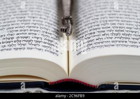 Un puntatore rituale ebraico Yad argento su una Torah. Francia. Foto Stock