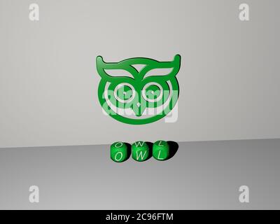 Rappresentazione 3D di gufo con icona sulla parete e testo disposto da lettere cubiche metalliche su un pavimento a specchio per il significato concettuale e presentazione slideshow. Illustrazione e uccello Foto Stock