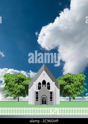 Edificio rurale chiesa parrocchiale cristiana con recinzione in picchetto bianco e cancello posto contro un cielo blu nuvoloso Foto Stock