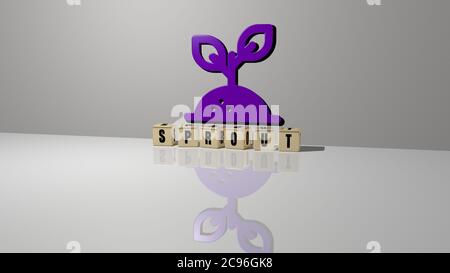 Rappresentazione 3D di germogli con icona sulla parete e testo disposto da lettere cubiche metalliche su un pavimento a specchio per il significato concettuale e presentazione slideshow. Verde e illustrazione Foto Stock