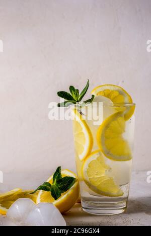 Fresco e luminoso cocktail estivo. Cocktail Mojito con lime, limone e menta in un bicchiere su uno sfondo di pietra alla moda. Mojito limone Foto Stock