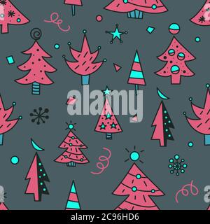 Albero di Natale doodles modello senza giunture per biglietti di auguri o banner. Stampa disegnata a mano con alberi di Natale per avvolgere carta, tessuti Illustrazione Vettoriale