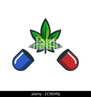 Foglia di cannabis dalla capsula rossa e blu, pillola, marijuana medica Illustrazione Vettoriale