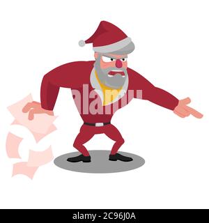 Babbo Natale adirato diffonde la carta da imballaggio e punta con il dito Illustrazione Vettoriale