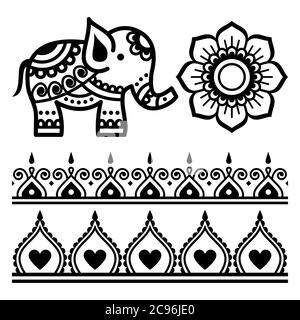 Mehndi elementi di design mandala vettore indiano - elefante, mandala floreale, tatuaggio henné set di paterns Illustrazione Vettoriale