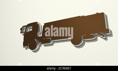 CAMION PER IL TRASPORTO SU STRADA sul muro. Illustrazione 3D di scultura metallica su sfondo bianco con texture mite. Camion e auto Foto Stock