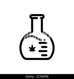 Contorno nero di una fiasca da laboratorio con foglia di marijuana su di essa, sfondo bianco Illustrazione Vettoriale