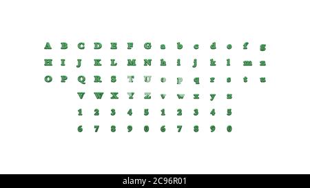 Alfabeti e numeri 3D con prospettive di corrispondenza su ciascun lato per la creazione di parole con calligrafia dettagliata su sfondo bianco Foto Stock