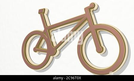 BICICLETTA realizzata con illustrazione 3D di una scultura metallica lucida su una parete con sfondo chiaro. Bici e città Foto Stock