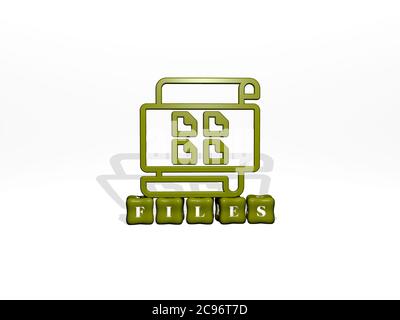 Immagine grafica 3D dei file in verticale insieme al testo realizzato da lettere cubiche metalliche dalla prospettiva superiore, eccellente per la presentazione concettuale e le presentazioni. Illustrazione e business Foto Stock