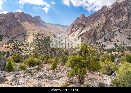 La bellissima strada per il trekking in montagna con cielo azzurro e colline rocciose e il fresco ruscello di montagna nelle montagne di Fann in Tagikistan Foto Stock