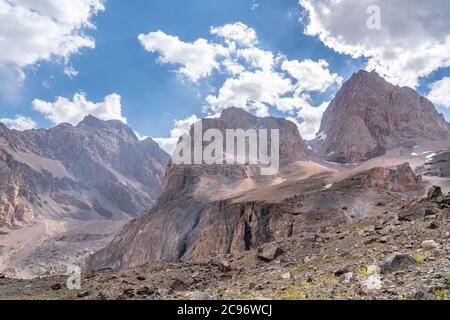 La splendida vista del cielo blu e la cima della neve vicino al lago Alaudin, sulle montagne Fann in Tagikistan Foto Stock