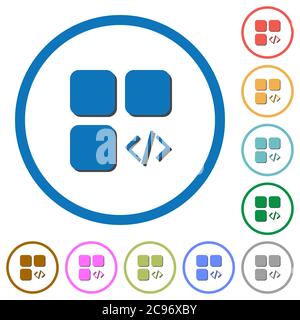 Programmazione dei componenti icone vettoriali a colori piatti con ombre in contorni rotondi su sfondo bianco Illustrazione Vettoriale