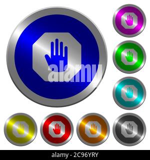 Icone di stop a forma di ottagono su pulsanti tondi in acciaio color moneta Illustrazione Vettoriale