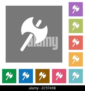 Due teste di battaglia ascia icone piatte su sfondi quadrati di colore semplice Illustrazione Vettoriale