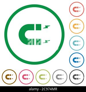 Icone a colori piatte con magnete a ferro di cavallo con contorni rotondi su sfondo bianco Illustrazione Vettoriale