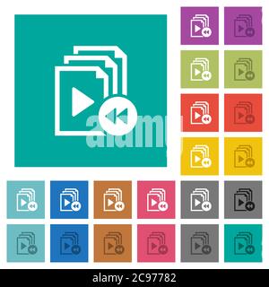 Playlist veloce indietro icone piatte multicolore su sfondi quadrati. Incluse variazioni delle icone bianche e più scure per il passaggio del mouse o gli effetti attivi. Illustrazione Vettoriale