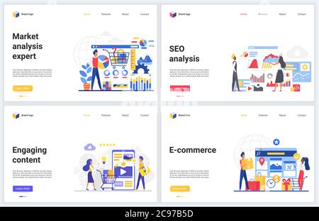 Tecnologia SEO, illustrazioni vettoriali di analisi esperto di mercato. Set di banner per pagine web creative e moderne, design digitale piatto con servizio di analisi del social marketing digitale per progetti aziendali Illustrazione Vettoriale