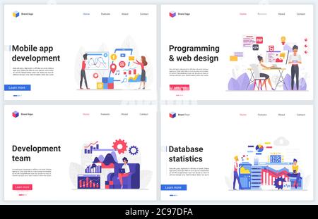 Illustrazioni vettoriali per lo sviluppo di programmi di progettazione Web. Set di banner creativi e moderni per il concetto di lavoro di squadra, design digitale piatto con test del team di designer di sviluppatori, creazione di interfaccia utente, analisi delle statistiche Illustrazione Vettoriale