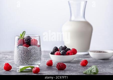 Cibo vegano sano. Budino di Chia con latte di cocco, lamponi freschi e more Foto Stock