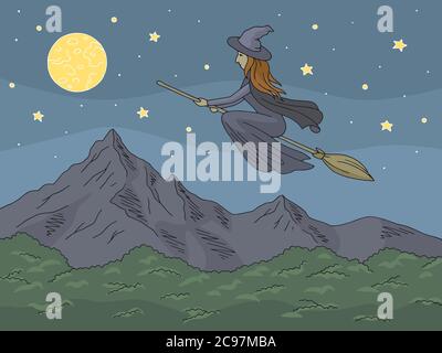 Strega che vola su un bastone. Mountain grafico colore orizzontale illustrazione dello schizzo vettore Illustrazione Vettoriale