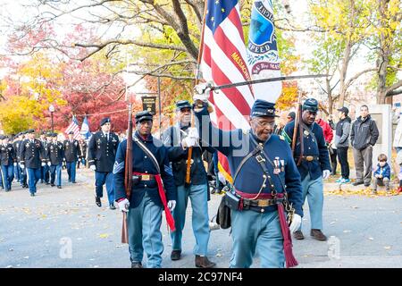 Reenactor del 54esimo reggimento di fanteria del Massachusetts che ha marciato nella sfilata dei veterani di Boston. Foto Stock