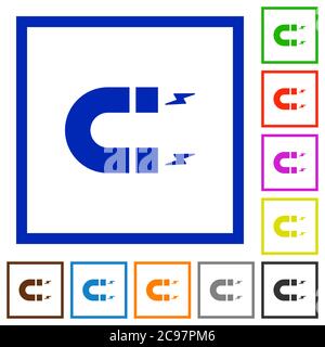 Icone a colori piatte con magnete a ferro di cavallo in cornici quadrate su sfondo bianco Illustrazione Vettoriale