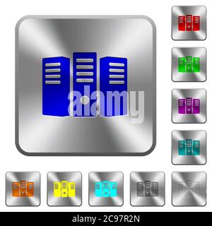 Server che ospita icone incise su bottoni arrotondati quadrati in acciaio lucido Illustrazione Vettoriale