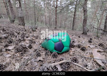 Vecchia palla succer nella foresta di pini profondi. Foto Stock