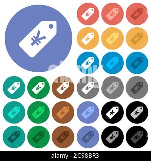 Yen prezzo etichetta multi colorato icone piatte su sfondi rotondi. Incluse variazioni delle icone bianche, chiare e scure per gli effetti di stato attivo e del passaggio del mouse, e. Illustrazione Vettoriale