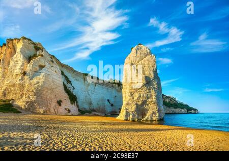 Vieste Pizzomunno e la spiaggia di roccia litorale, Gargano in Puglia, Italia meridionale, Europa. Foto Stock