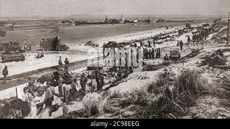 La prima divisione americana sulla spiaggia di Omaha, nome in codice di uno dei cinque settori dell'invasione alleata della Francia occupata dalla Germania negli sbarchi in Normandia il 6 giugno 1944, durante la seconda guerra mondiale Foto Stock