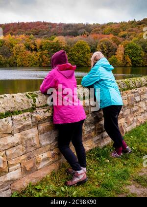 Donna e adolescente ragazza che guarda su un muro ammirando una vista a Linacre Reservoir vicino Chesterfield nel Derbyshire Peak District Inghilterra UK. Foto Stock