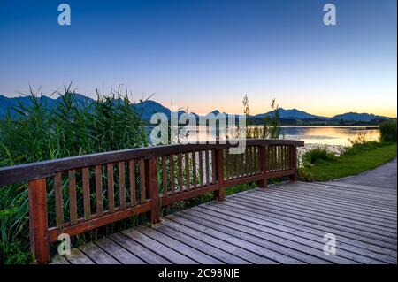 Ponte di legno sul lungomare del lago Hopfensee, con le Alpi Allgäu sullo sfondo, Allgäu, Schwaben, Baviera, Germania Foto Stock