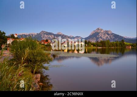 Vista sulla Hopfensee con il villaggio di Hopfen am See, sullo sfondo la montagna Säuling vicino Füssen Foto Stock