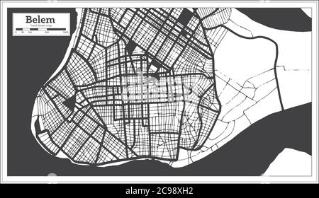 Mappa della città di Belem Brazil in bianco e nero in stile retro. Mappa di contorno. Illustrazione vettoriale. Illustrazione Vettoriale